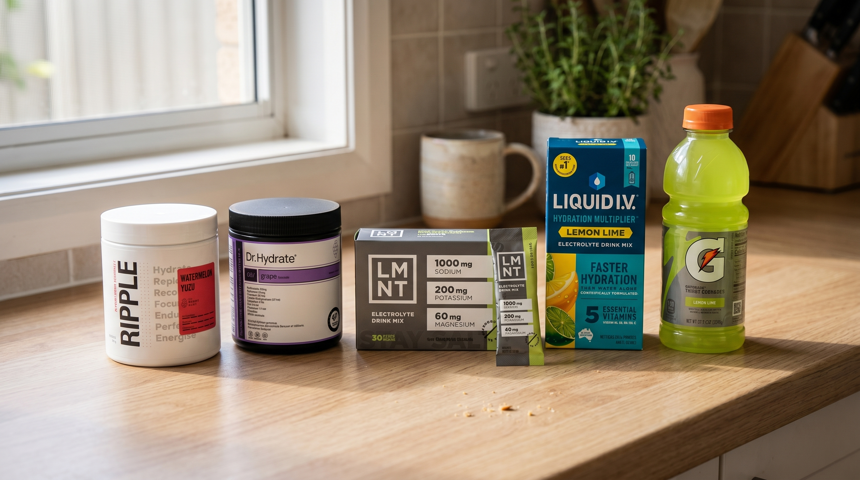 The hydration and recovery drinks I tested, lined up