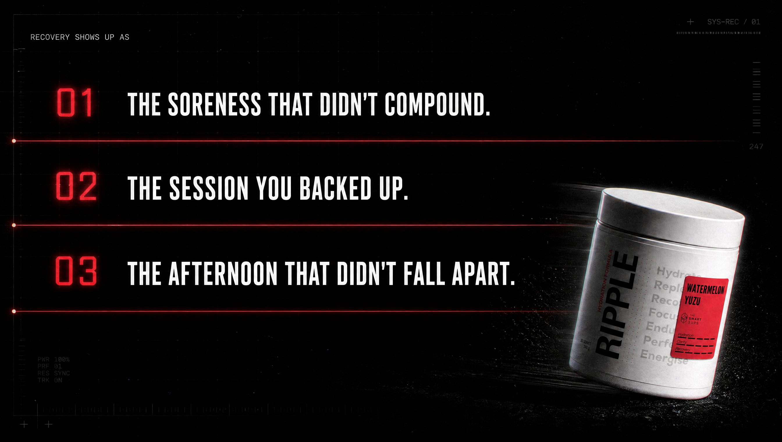 Recovery shows up as. 01 the soreness that didn't compound. 02 the session you backed up. 03 the afternoon that didn't fall apart.